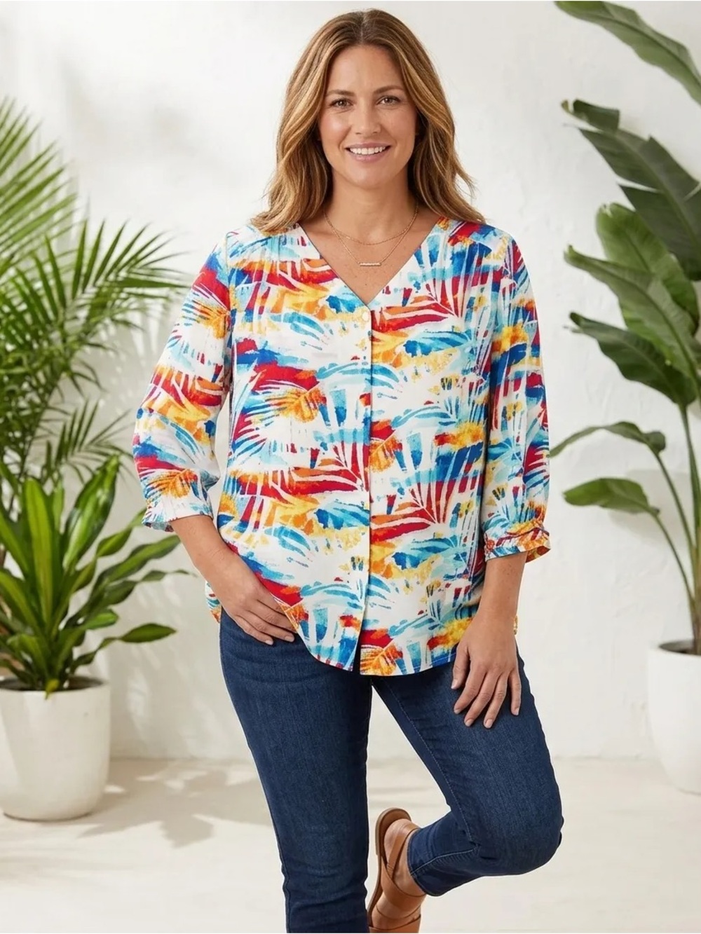 - Chicos Rayon Blouse Sz 2 Large Button front Beach Summer Vacation  Cruise Y2K